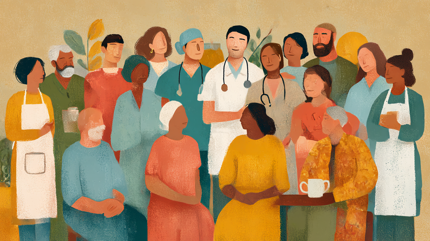 Illustration of a diverse group of healthcare workers and community members gathered together, some wearing scrubs, medical coats, and aprons, symbolizing care and support.