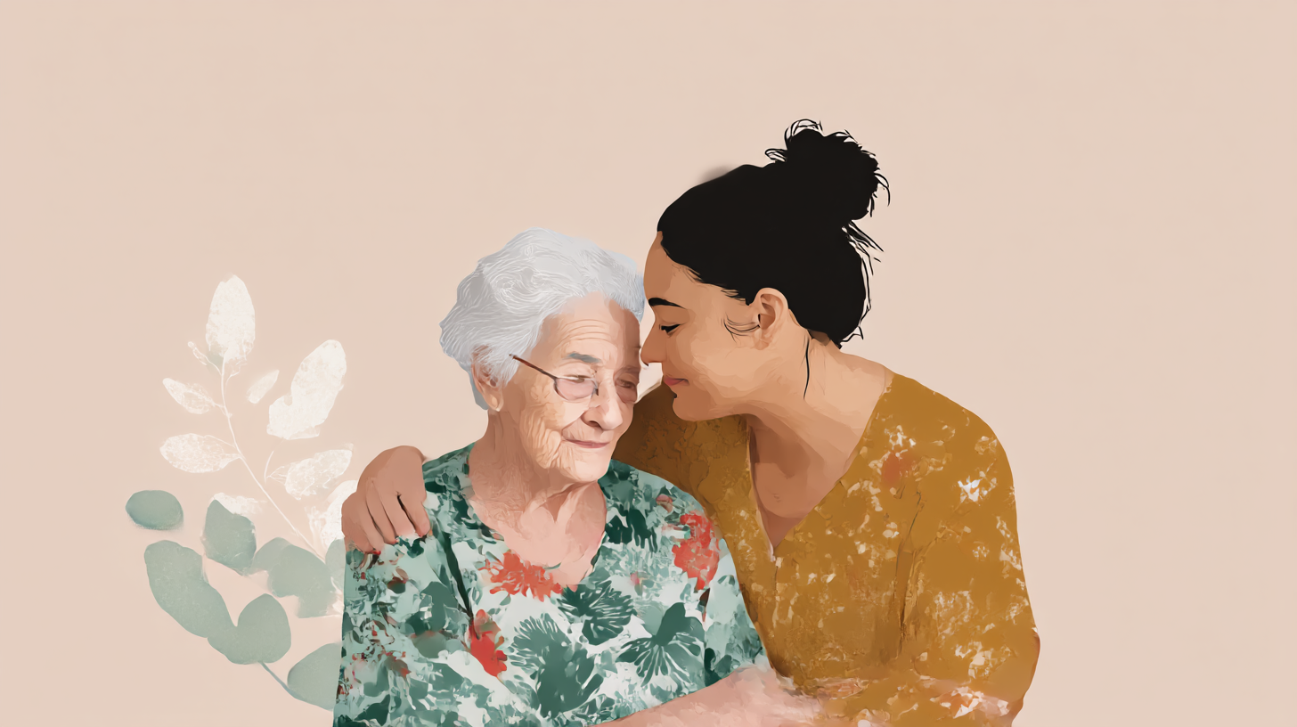 Young woman affectionately embracing and leaning her forehead against an elderly woman with white hair and glasses.