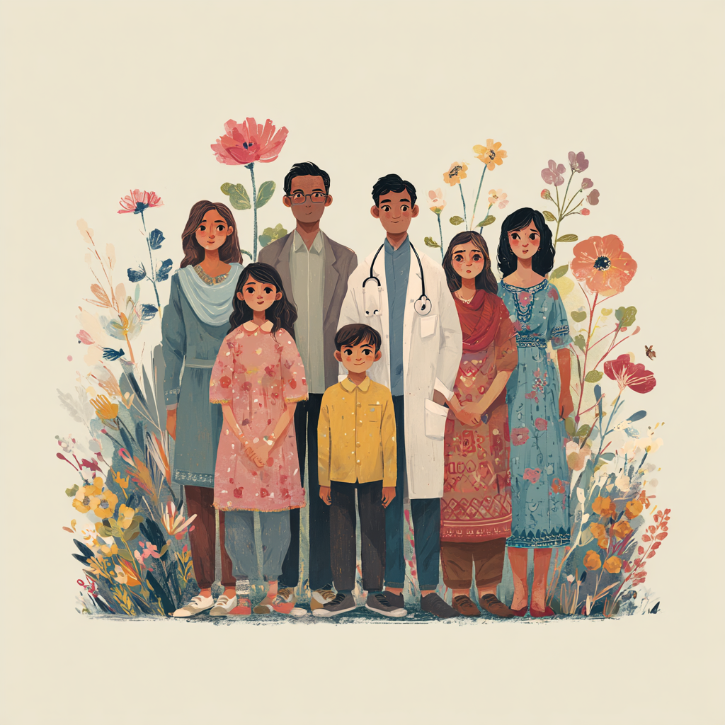Illustration of a diverse family group standing together surrounded by tall colorful flowers.