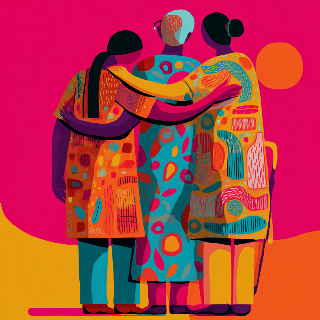Stylized illustration of three women standing side by side with arms around each other against a vibrant pink and orange background.
