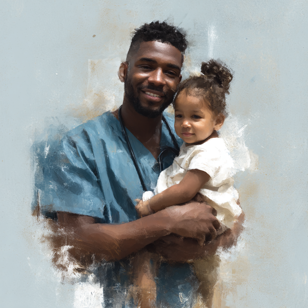 Smiling male healthcare worker in blue scrubs holding a young child wearing a white outfit.