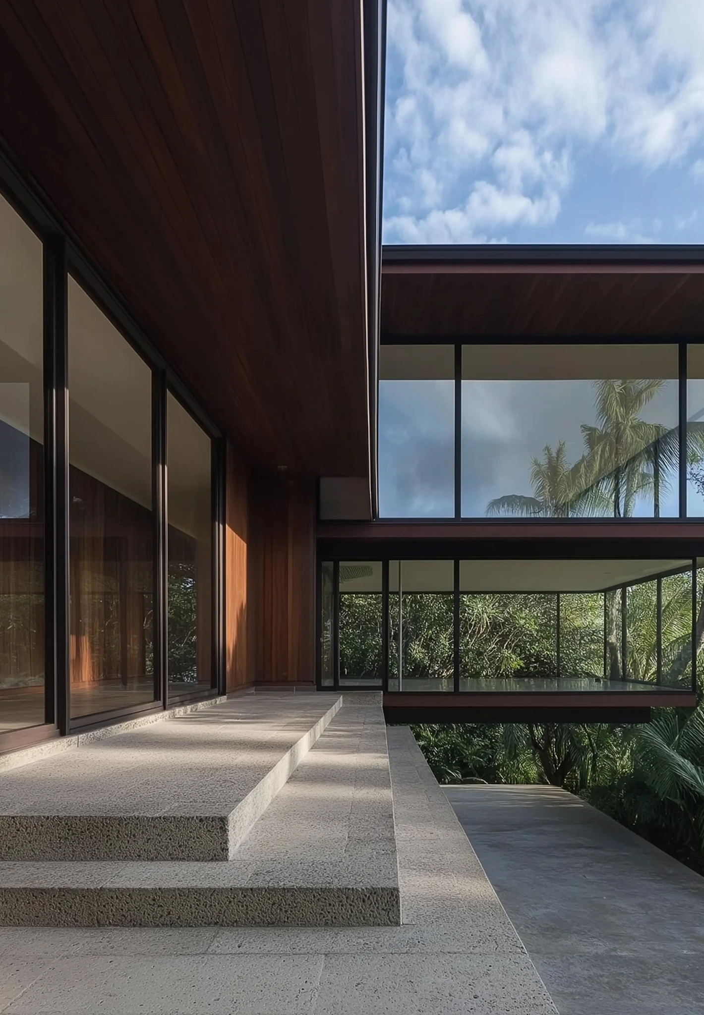 Modern building with large glass windows, wooden accents, and concrete steps. Lush greenery and a clear blue sky create a serene atmosphere.