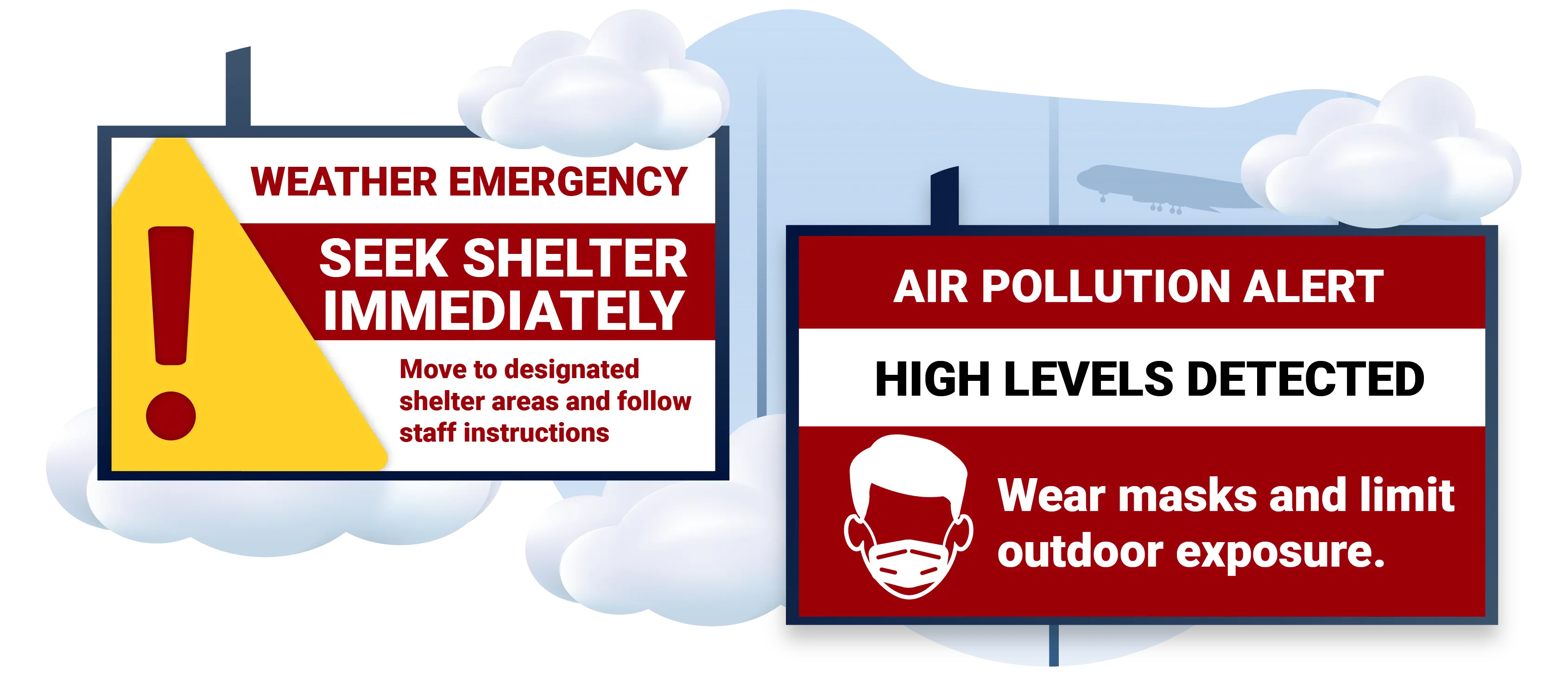 Airport CX emergency scenarios card showing one-click activation of pre-built weather, security and safety communication protocols across all zones