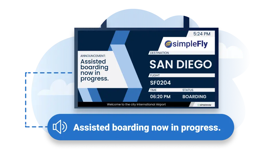 Airport CX intelligent voice announcement system card showing AI-powered multilingual PA triggered from live AODB flight data