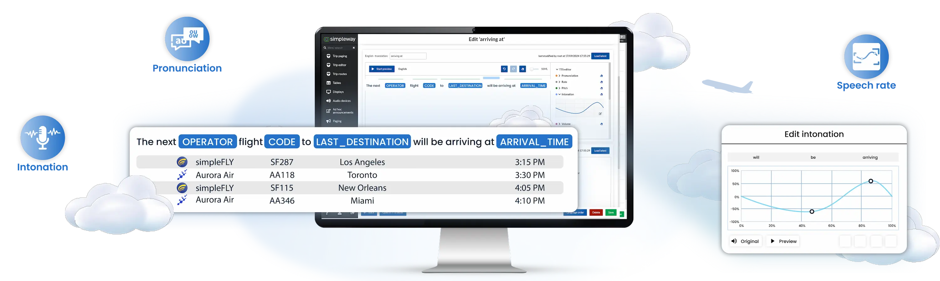 Airport CX voice announcement system hero image showing multilingual PA deployment across terminal gates and public areas
