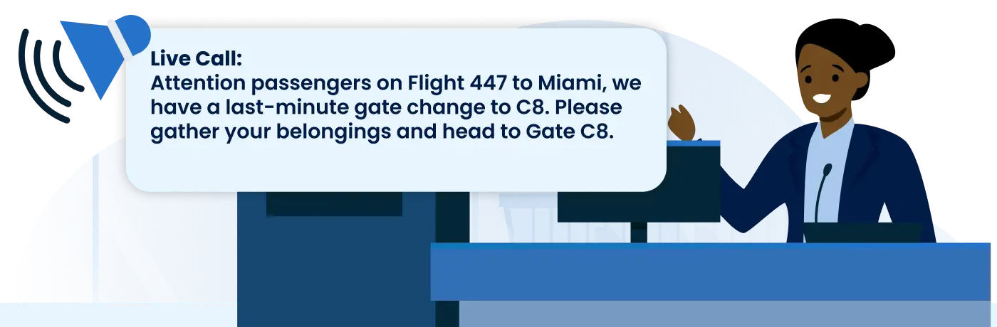Airport CX live call broadcasting interface showing operator initiating a PA announcement to targeted terminal zones