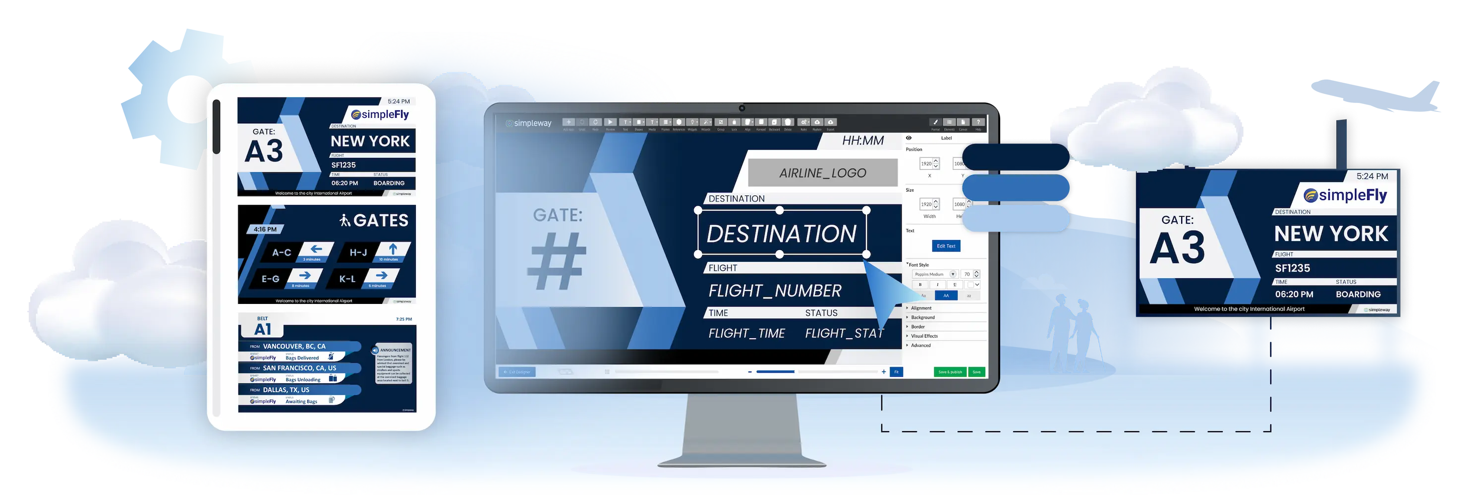 Airport CX digital signage and CMS hero image showing unified FIDS displays, wayfinding screens and advertising panels across a terminal