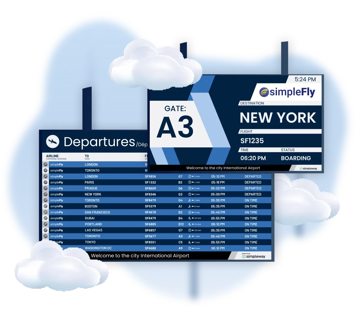 Airport CX FIDS card showing real-time departure and arrival information displayed on gate and check-in screens across the terminal