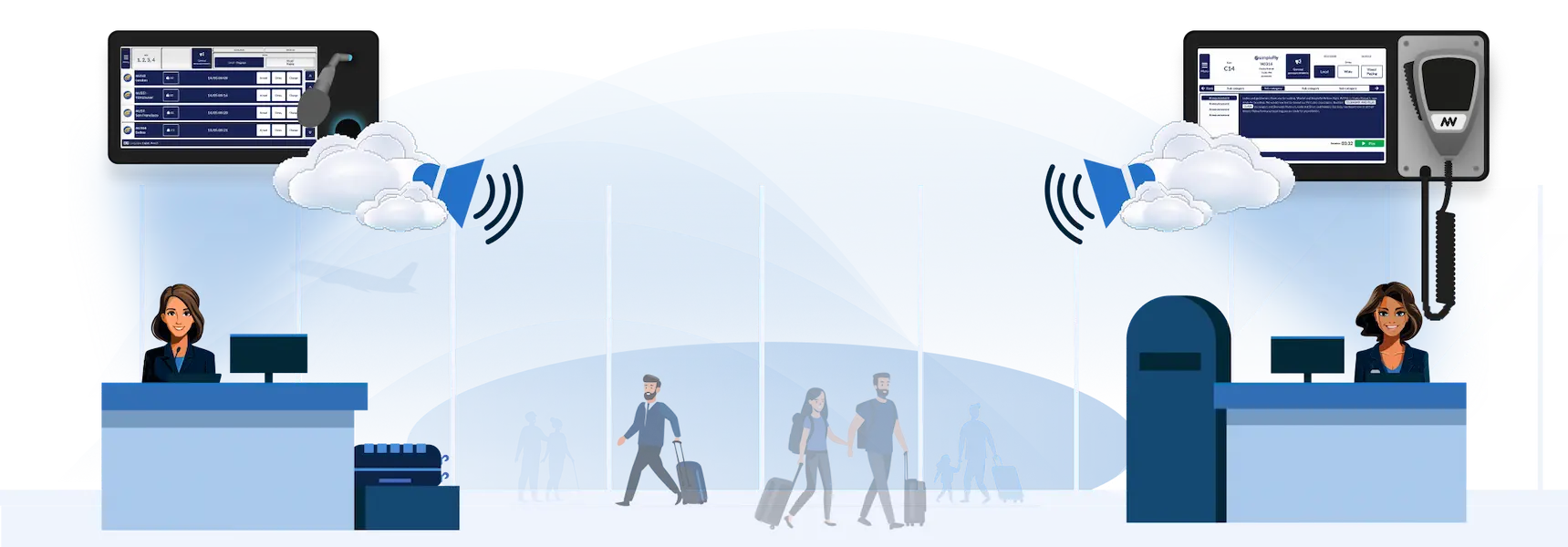 Airport CX automated flight announcement system hero image showing AODB-triggered boarding and gate change PA without operator intervention