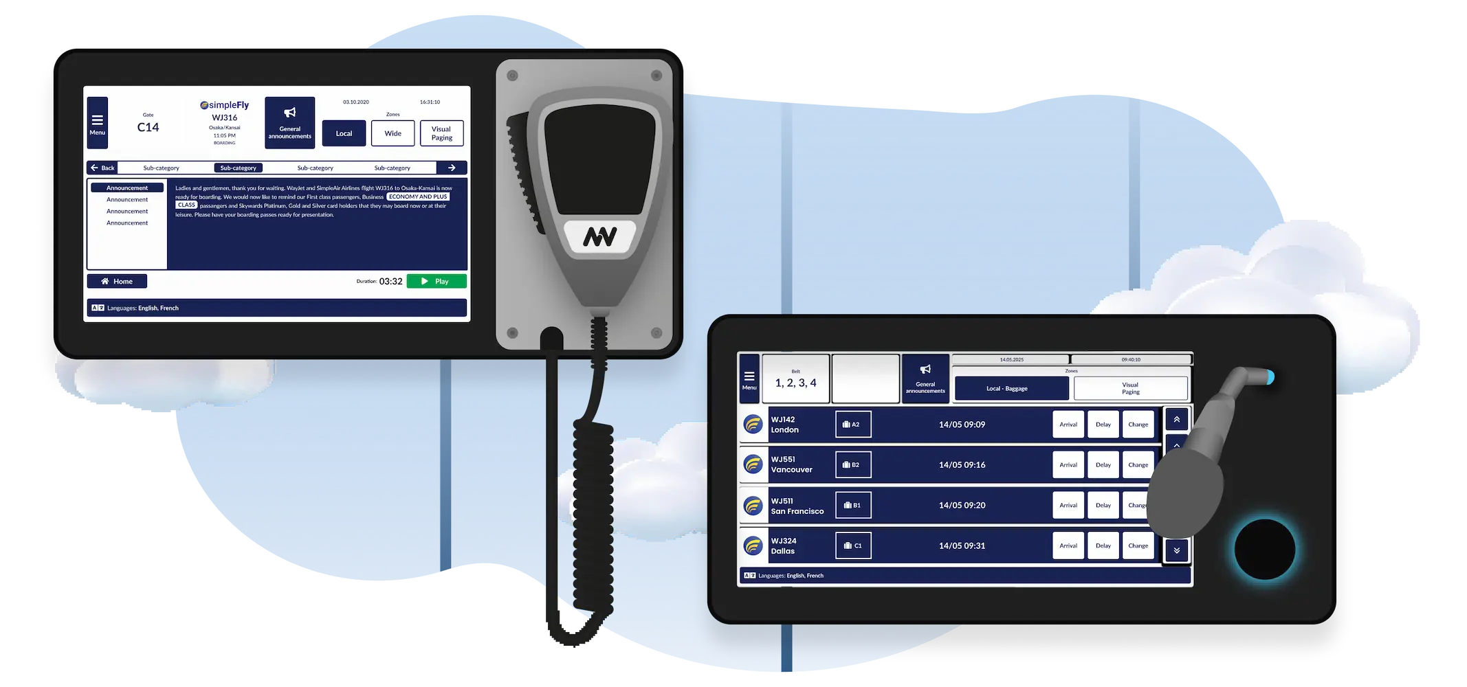 Airport CX GateUI terminal staff interface showing simplified flight announcement controls for gate agents to broadcast zone and language targeted PA