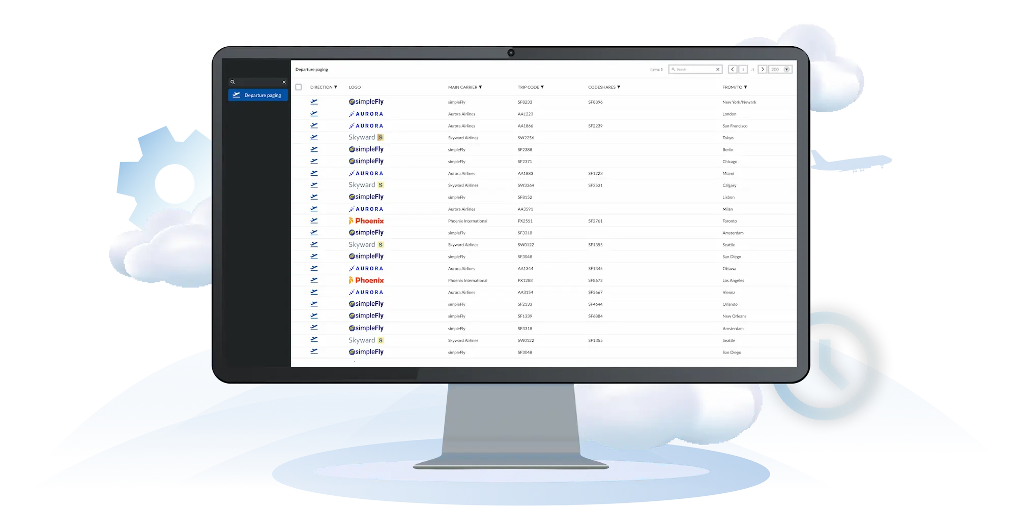 Airport CX OpsUI flight management platform showing central control dashboard for managing all flight announcements across departures and arrivals