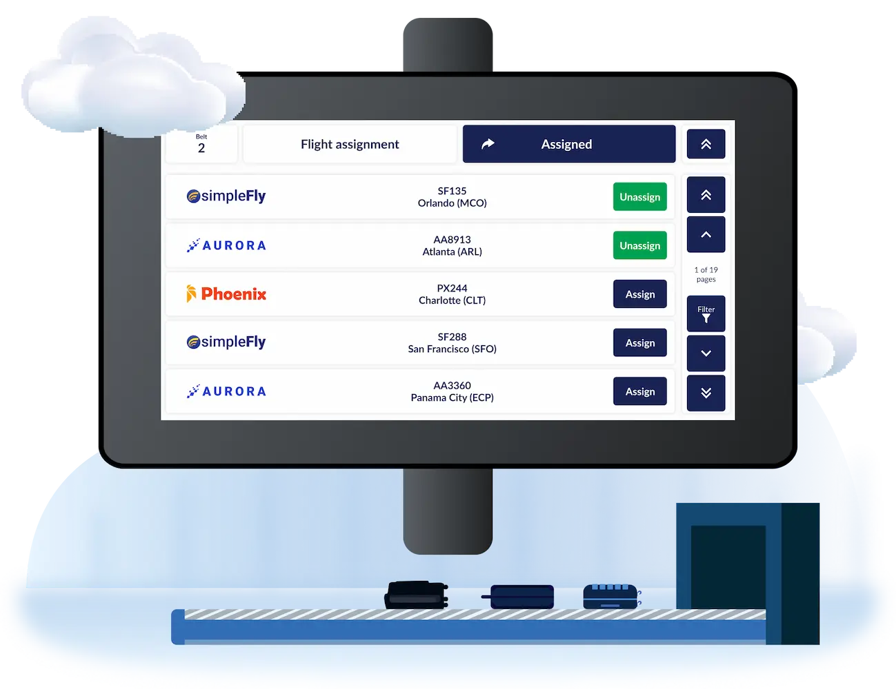 Airport CX flight announcement sequence diagram showing boarding, gate change and delay messages triggering automatically from live AODB data