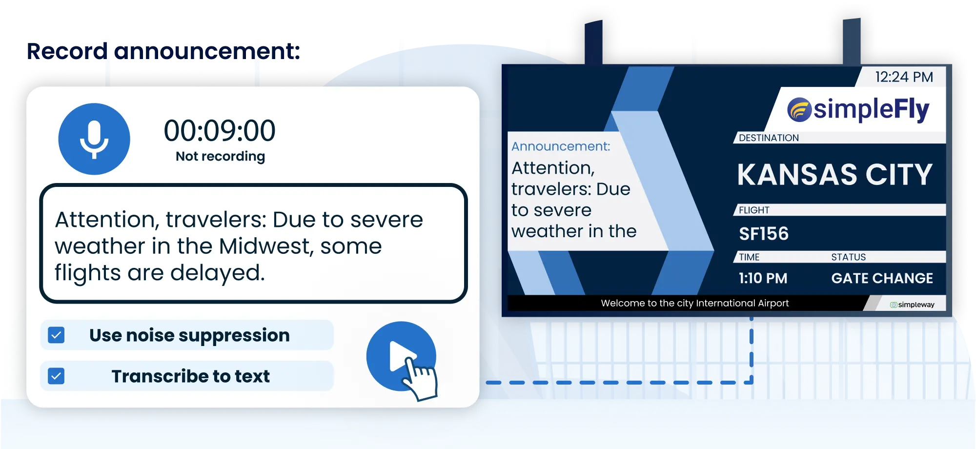 Airport CX ad hoc announcement card showing voice recording with AI noise suppression and text-to-speech for immediate unscheduled PA broadcasts
