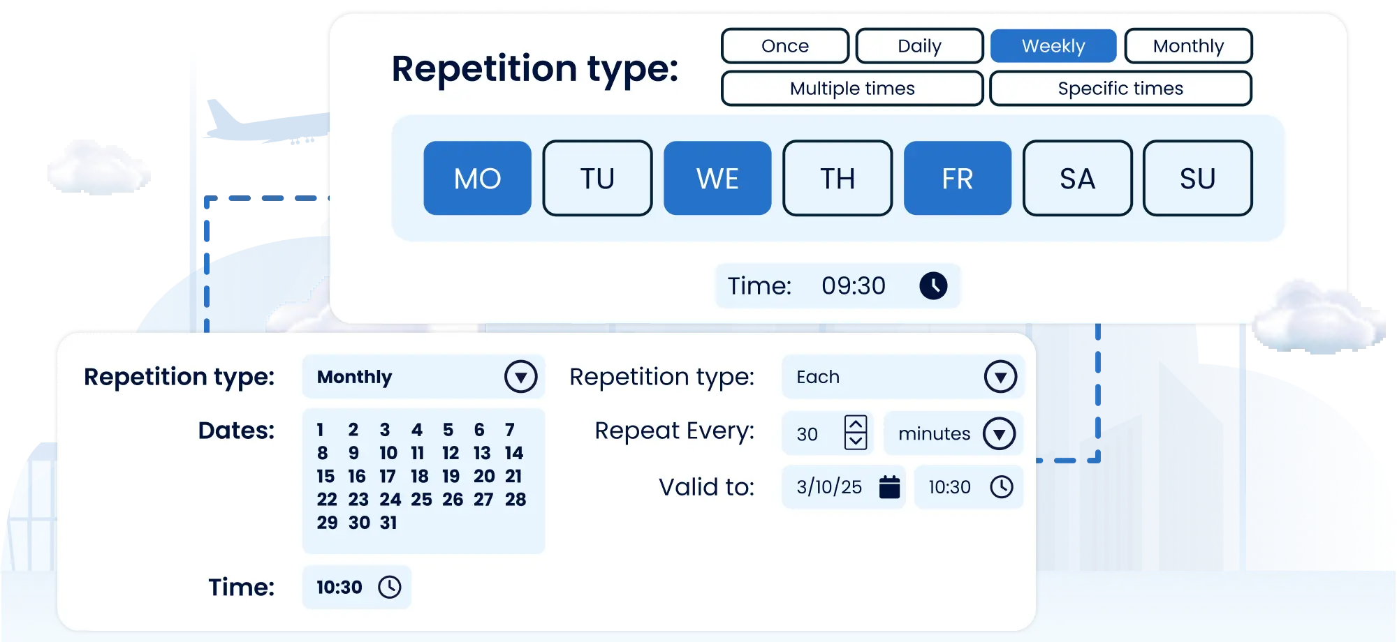 Airport CX scheduled announcements card showing time-based PA configuration for daily security, facility and operational message broadcasting