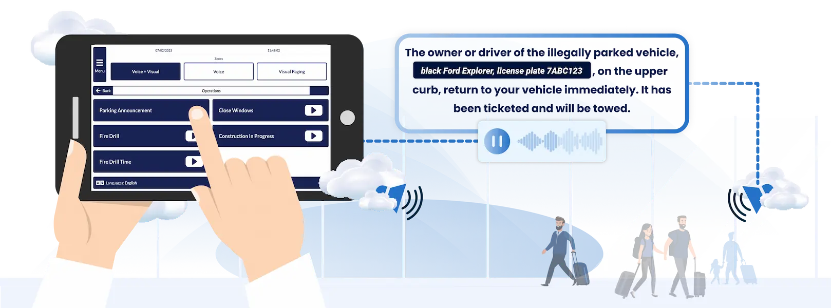 Airport CX operational announcements hero image showing scheduled security, facility and prayer call PA across terminal zones without operator intervention