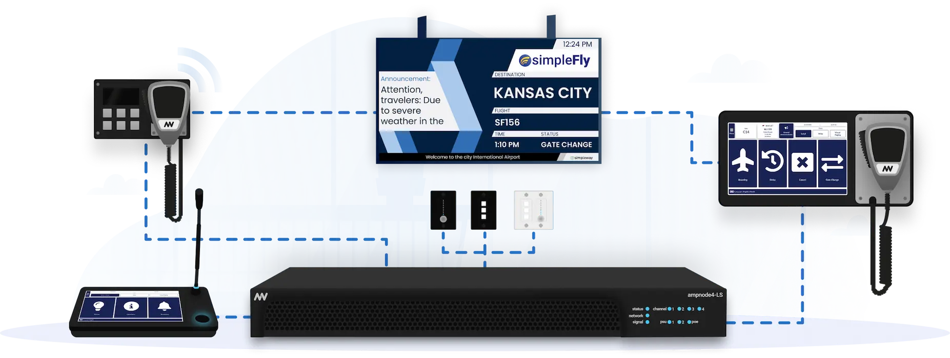 Airport CX operational announcement scheduling interface showing pre-configured timed broadcasts for security reminders and facility messages