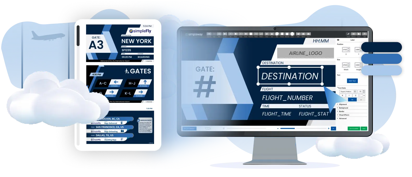 Airport CX dynamic content card showing live TV, weather, destination content and safety messaging on terminal screens
