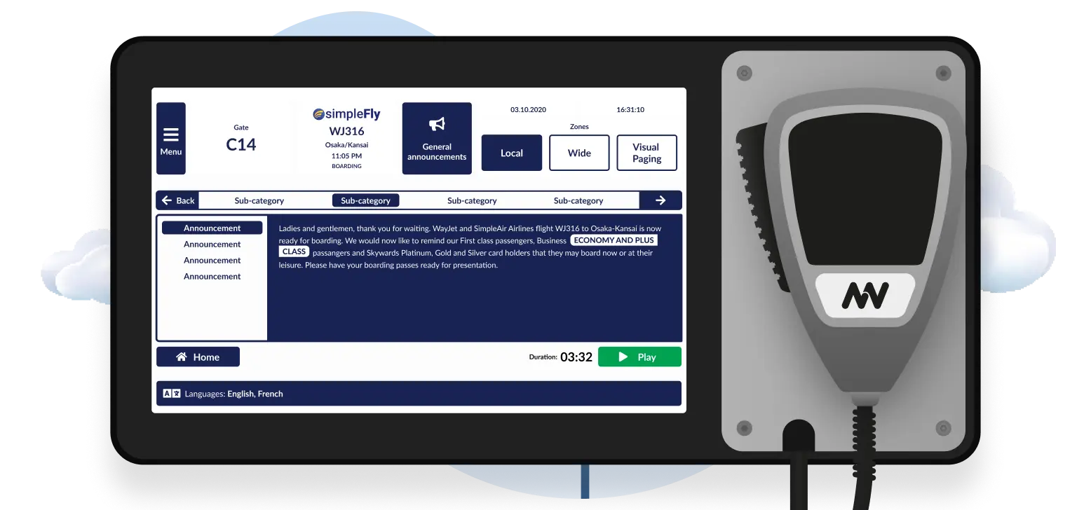 Airport CX CheckinUI interface showing counter management, class assignments and passenger messaging at check-in desks