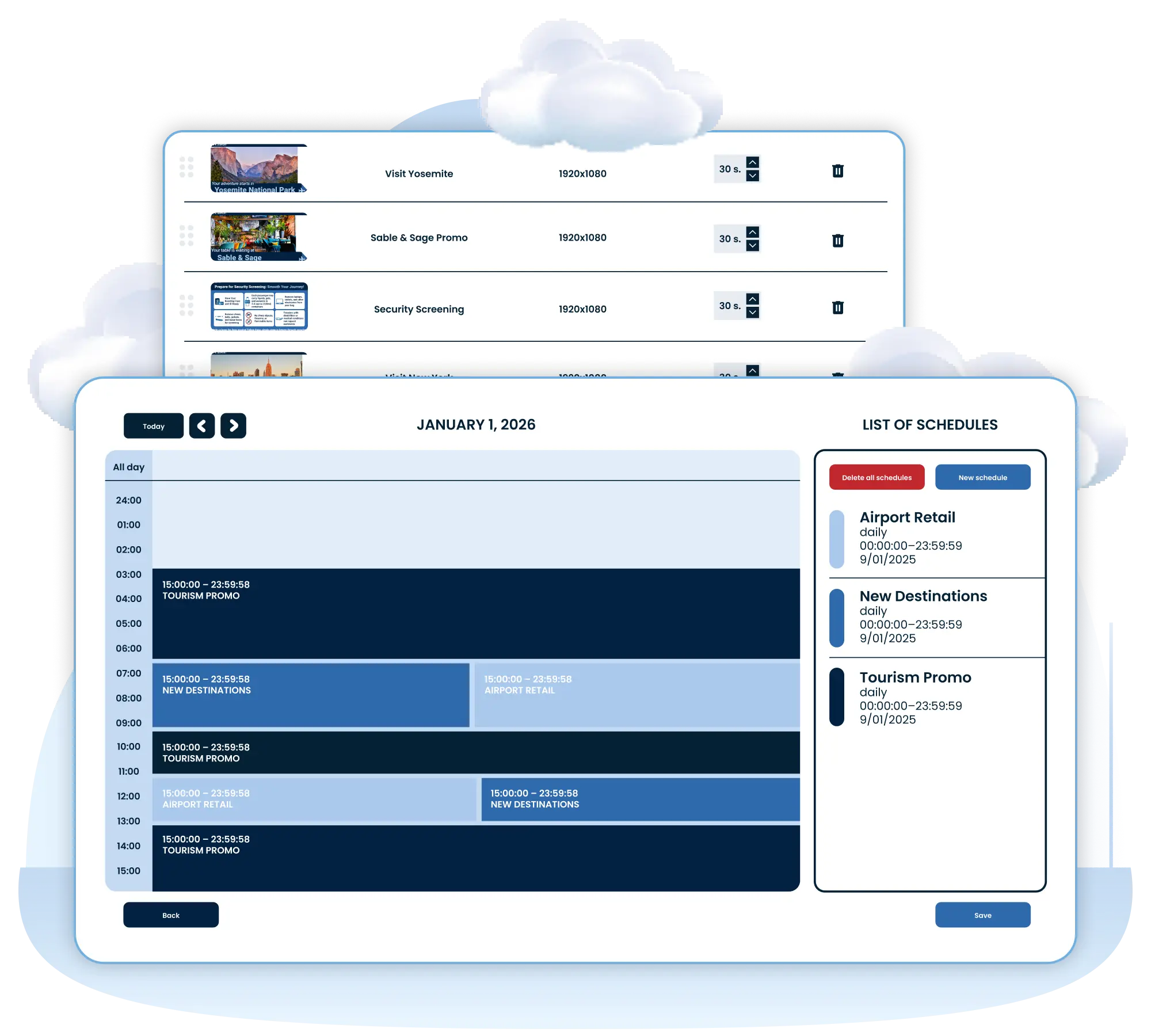 Airport CX advertising campaign management interface showing scheduled commercial content on terminal screens alongside live FIDS data