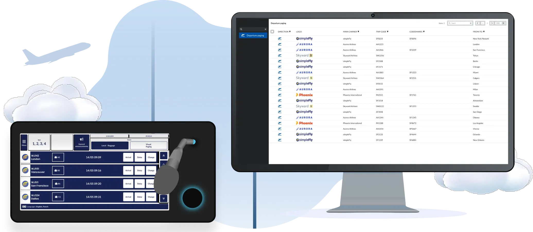 Airport CX multilingual live paging interface showing operators broadcasting real-time announcements in selected languages to targeted terminal zones