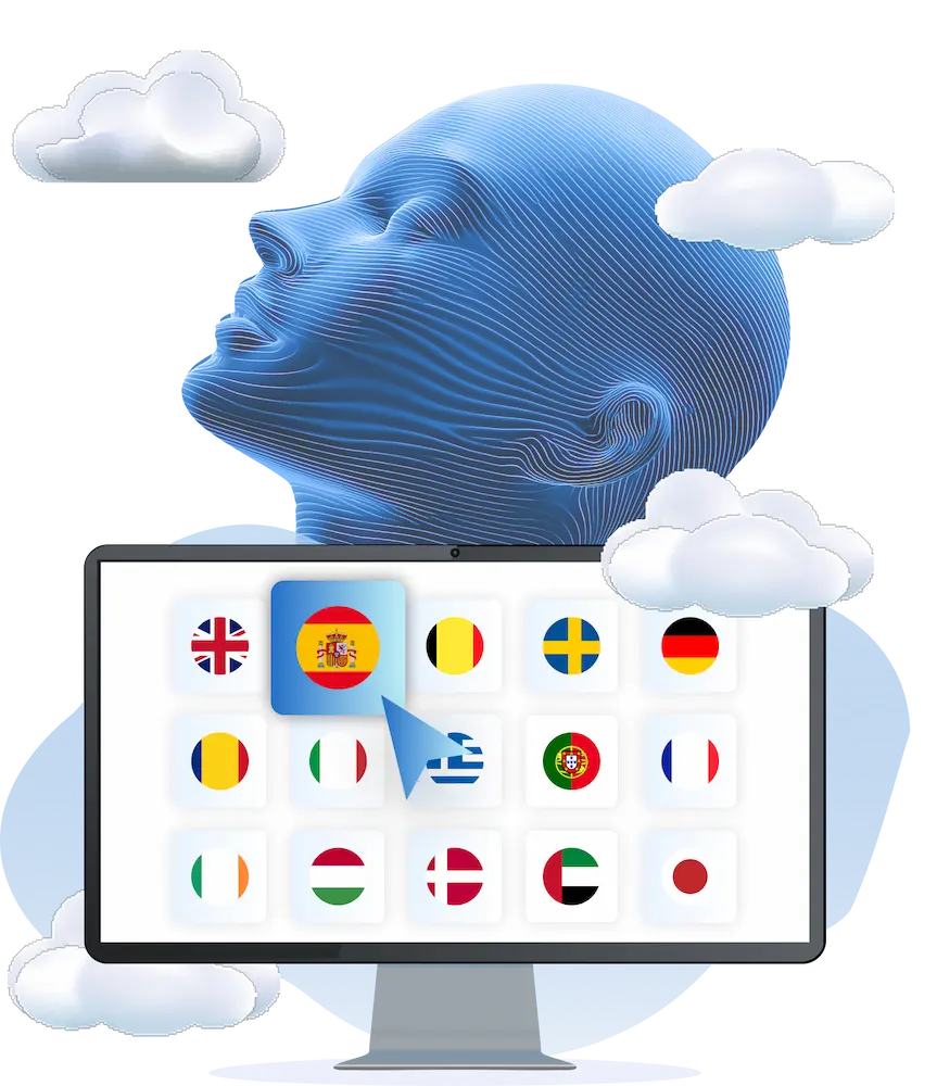 Airport CX multilingual text-to-speech interface showing language selection and pronunciation settings for automated PA announcements