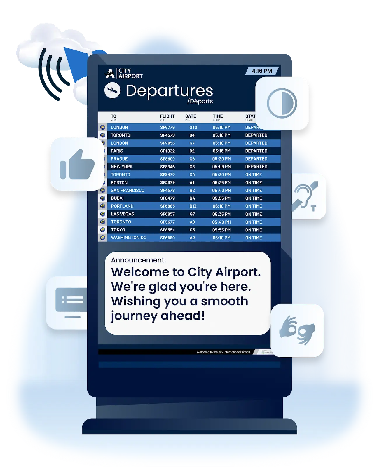 Airport CX visual synchronization showing PA announcements and FIDS displays updating simultaneously across all terminal zones from a single trigger