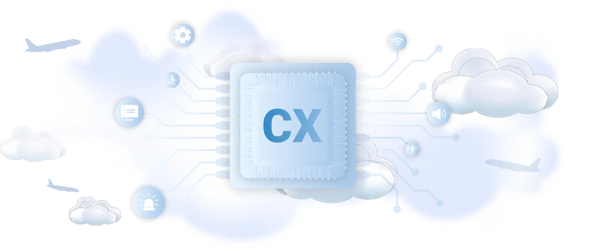 Airport CX automation platform hero image showing rule-based macros triggering PA, FIDS and signage updates across a terminal from AODB events