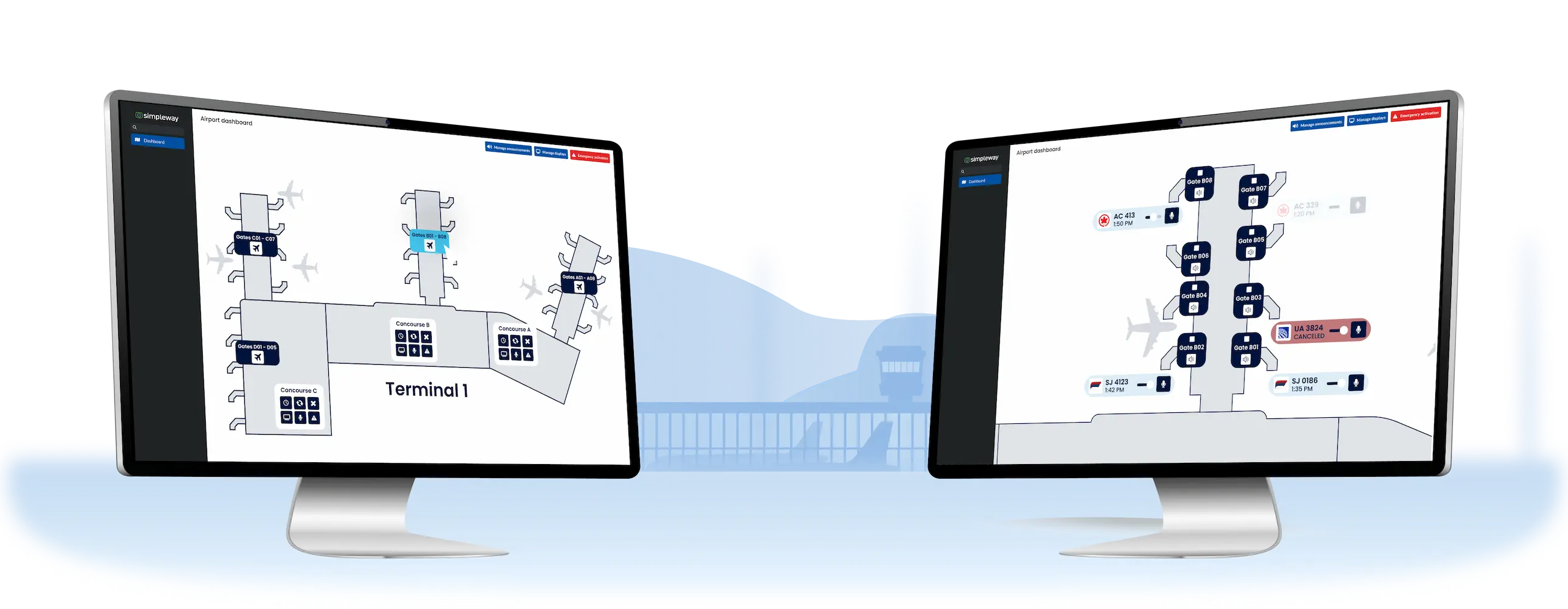 Airport CX interactive operations dashboard showing live automation status, active macros and triggered event history across the terminal network