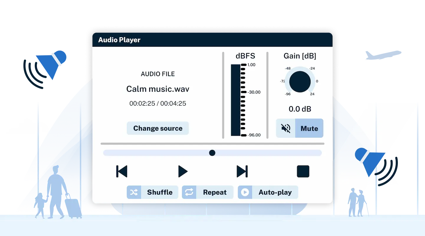 Airport CX background music management interface scheduling ambient audio across terminal areas with automatic adjustment based on operational conditions
