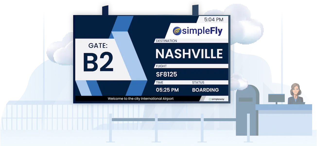 Airport CX gate and boarding information display system showing automated gate assignments and boarding status updates from live AODB data