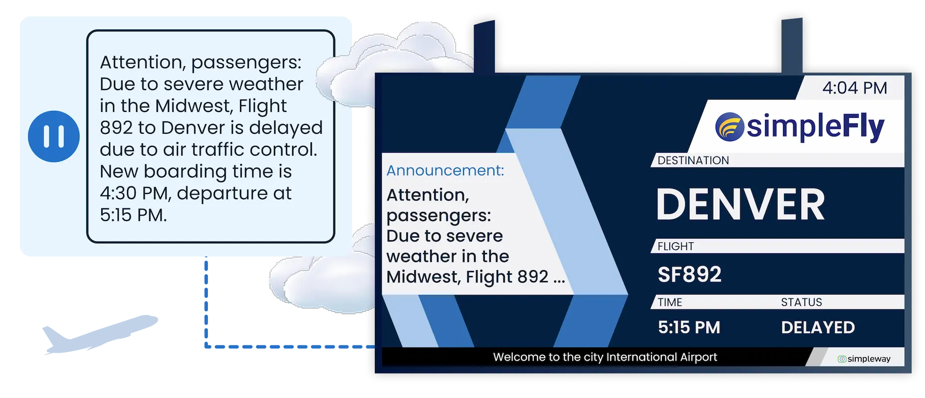Airport CX multilingual visual paging card showing spoken PA announcements synchronized with matching on-screen text in the same language on gate displays