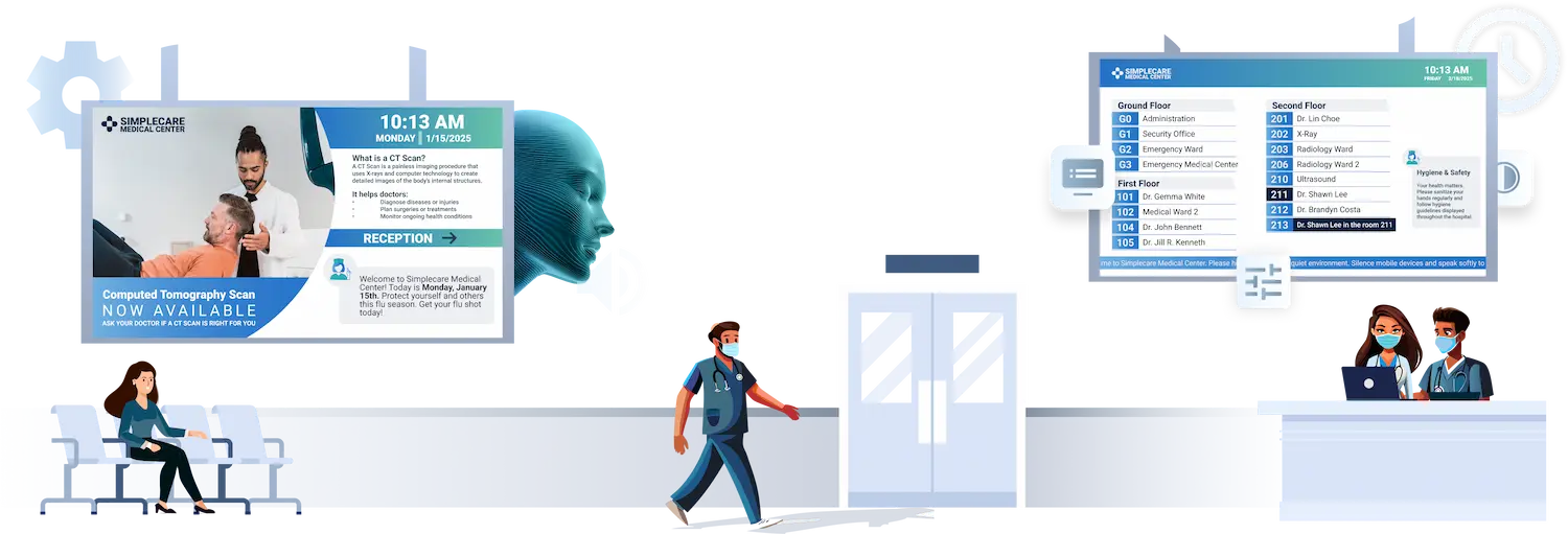 Healthcare CX unified hospital communication system hero image showing PA and patient information displays across a medical facility
