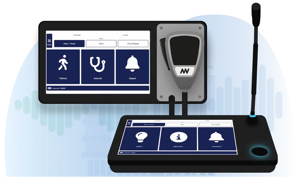 Healthcare CX audio hardware card showing hospital-grade nnounce devices, display controllers and operator touchscreens