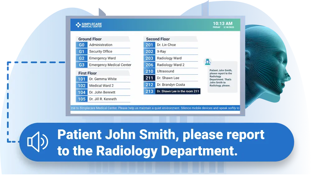 Healthcare CX voice announcement system card showing hospital PA controls, nurse call integration and zone-based paging