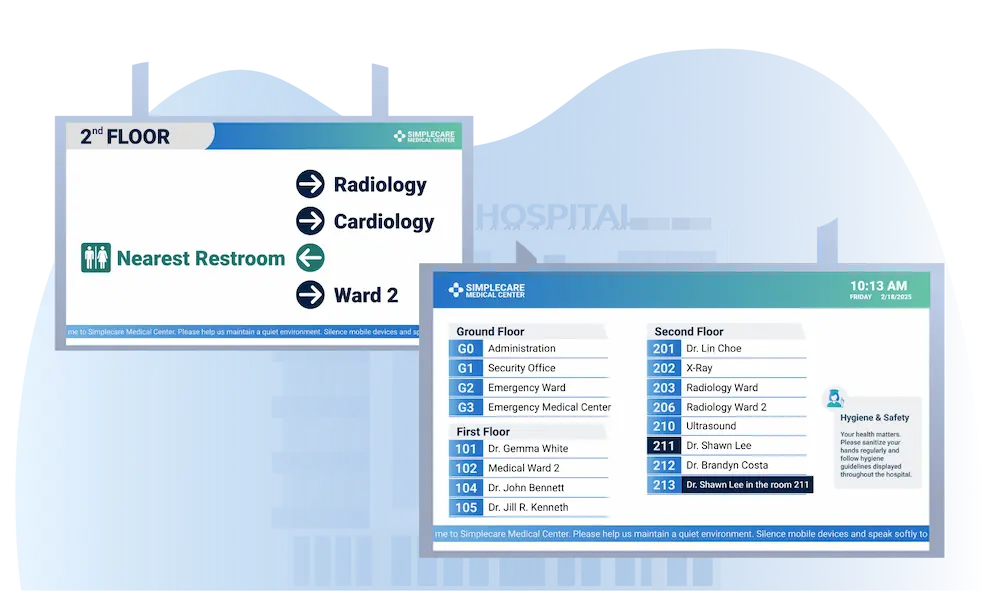Healthcare CX digital signage and wayfinding card showing patient information displays and dynamic content across hospital zones