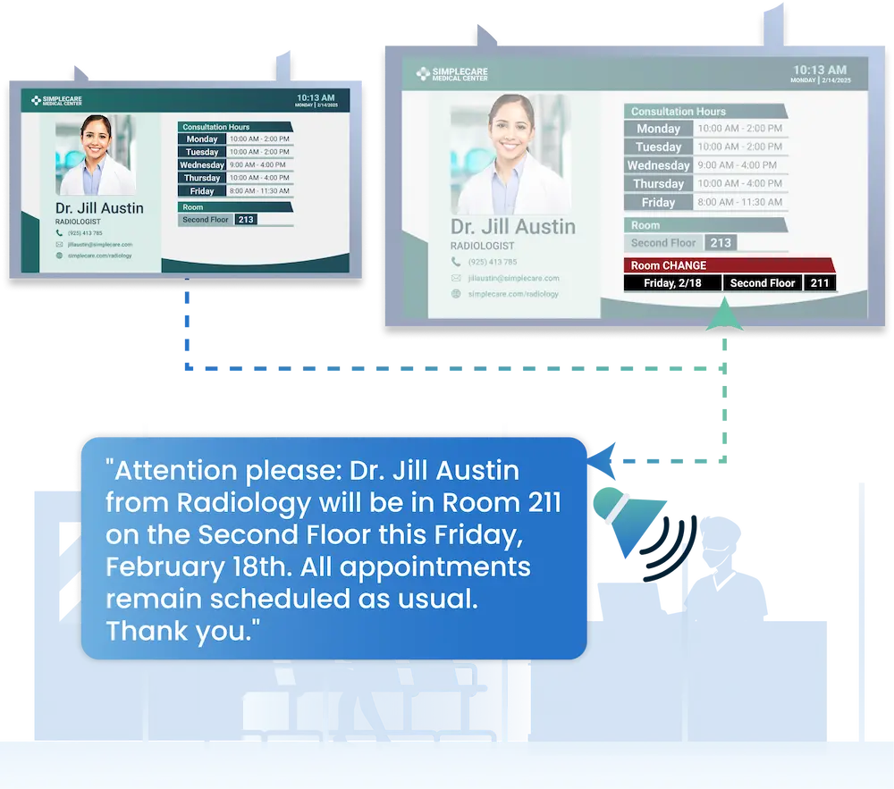 Healthcare CX automation interface showing rule-based triggers for visiting hours announcements, code alerts and routine hospital PA broadcasts