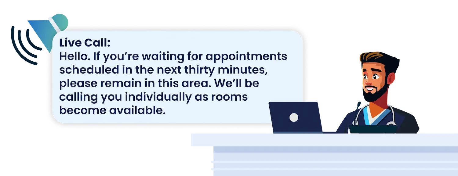Healthcare CX live call interface allowing clinical staff to make immediate announcements to targeted hospital zones