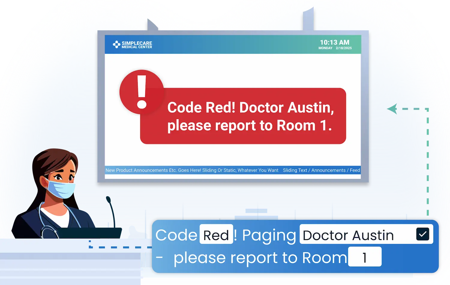 Healthcare CX staff communication interface enabling zone-targeted paging and announcements for clinical and operational teams
