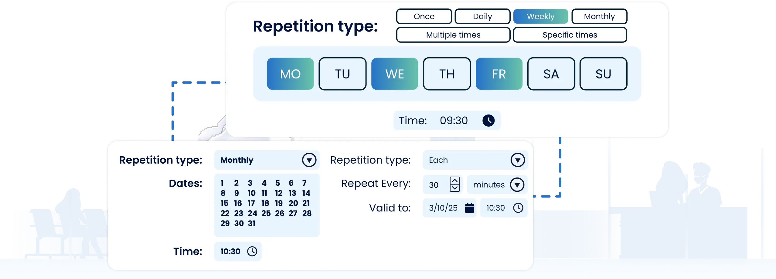 Healthcare CX scheduled announcements interface showing automated visiting hours, cafeteria times and health education messages broadcasting across hospital zones