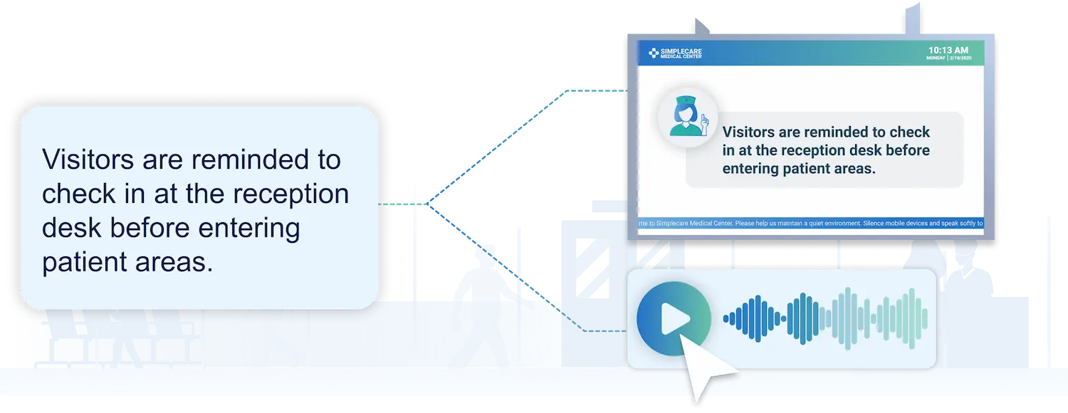 Healthcare CX accessible visual paging showing speech-to-text conversion of PA announcements displayed simultaneously on hospital screens for patients with hearing impairments