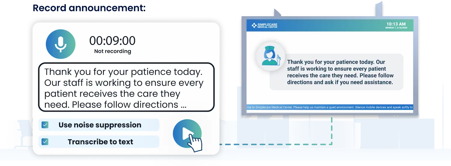 Healthcare CX ad hoc announcement interface allowing clinical staff to instantly broadcast unscheduled messages to targeted hospital departments