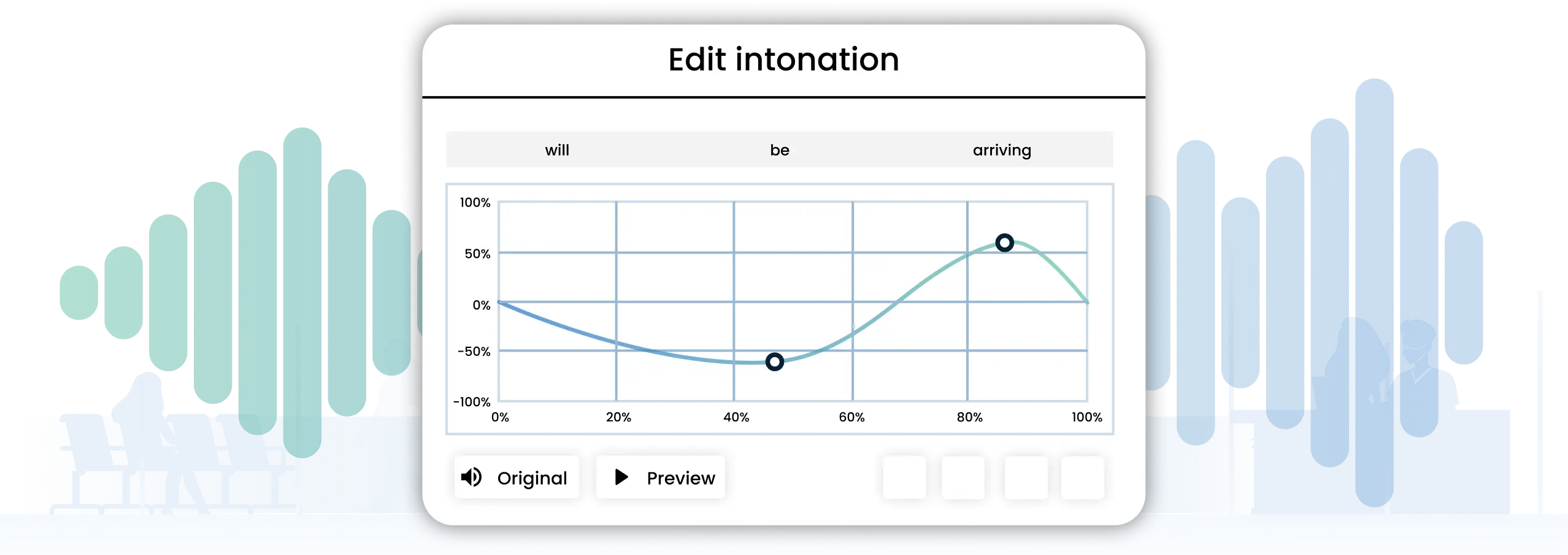Healthcare CX clinical speech control interface showing pronunciation customization, intonation settings and real-time preview for medical PA announcements