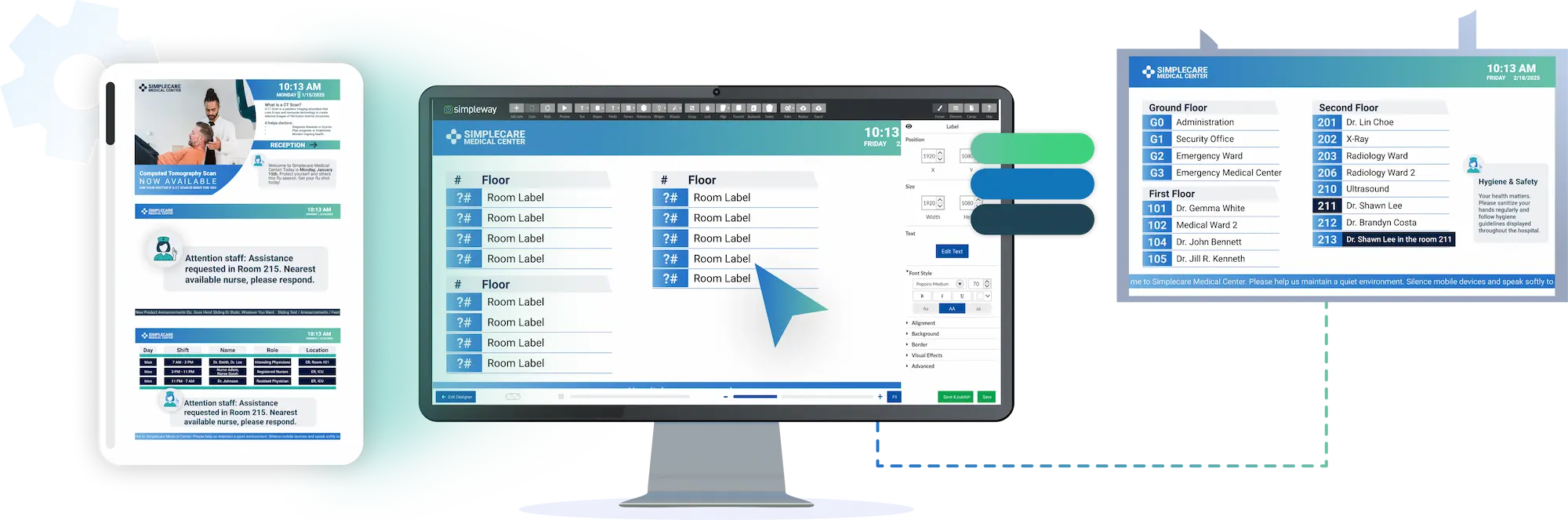 Healthcare CX content creation interface for designing and scheduling patient-facing display content across hospital zones