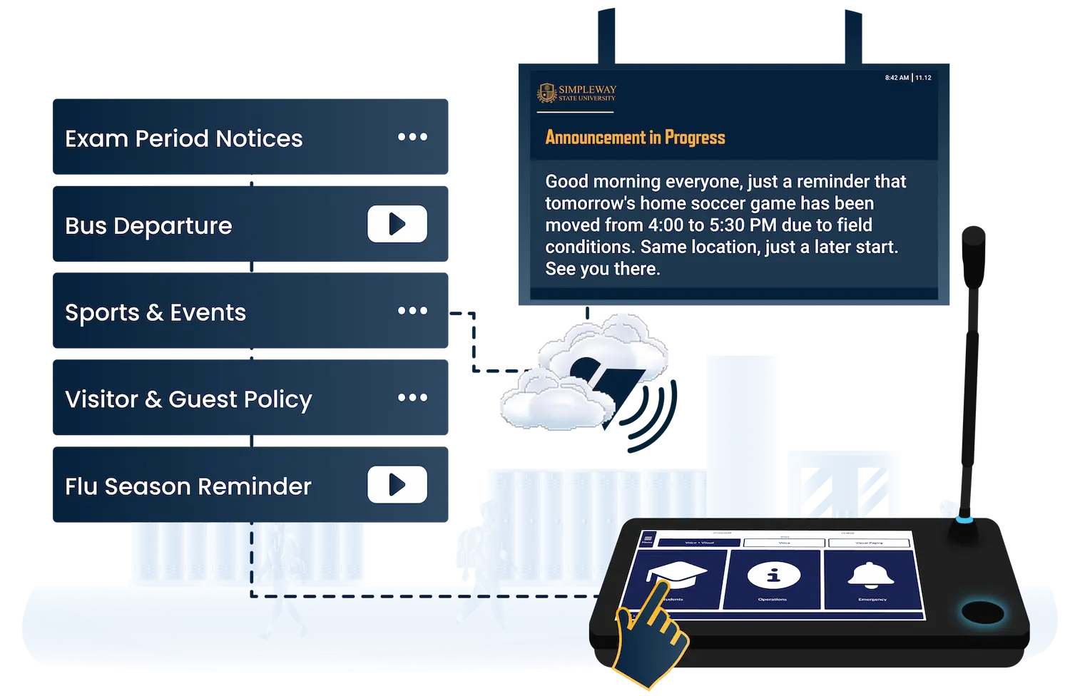 Education CX role-based operator interface showing announcement controls, zone selection and pre-recorded message library for school staff