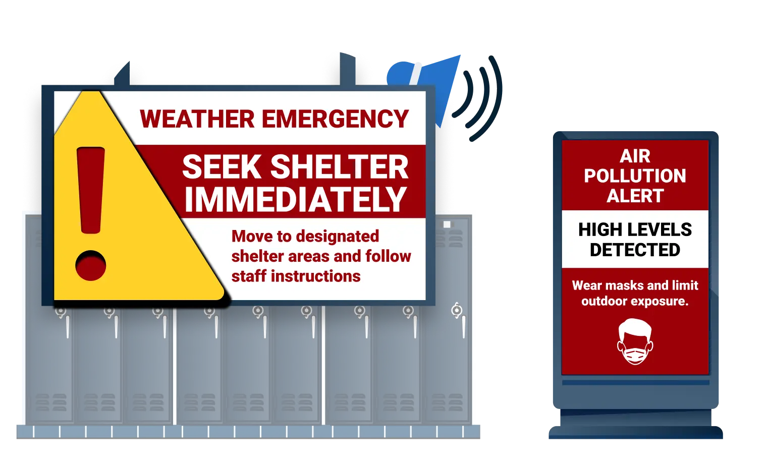 School hallway display showing a weather emergency shelter alert alongside an outdoor air pollution warning on a campus digital kiosk