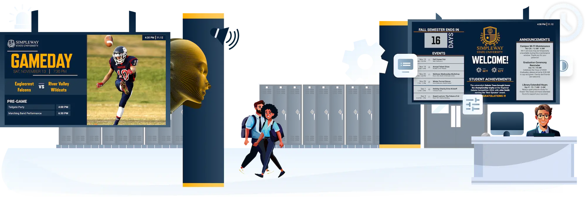 University campus with digital displays showing announcements and schedules across common areas