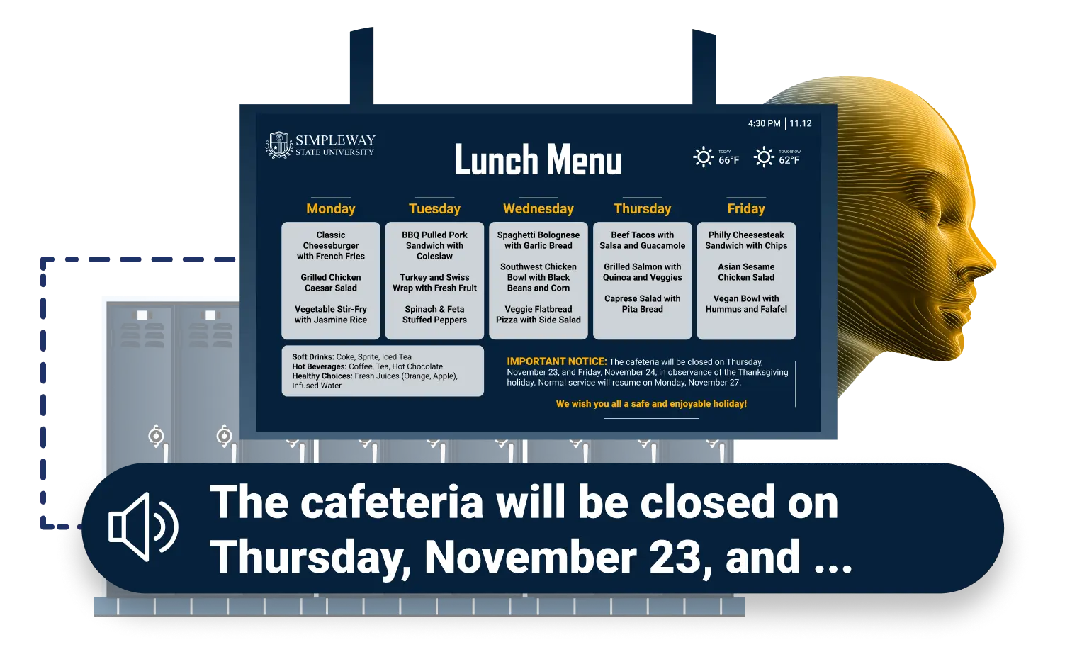 Education CX voice announcement system interface with scheduled bell times, bus calls and zone-targeted PA controls for school campuses