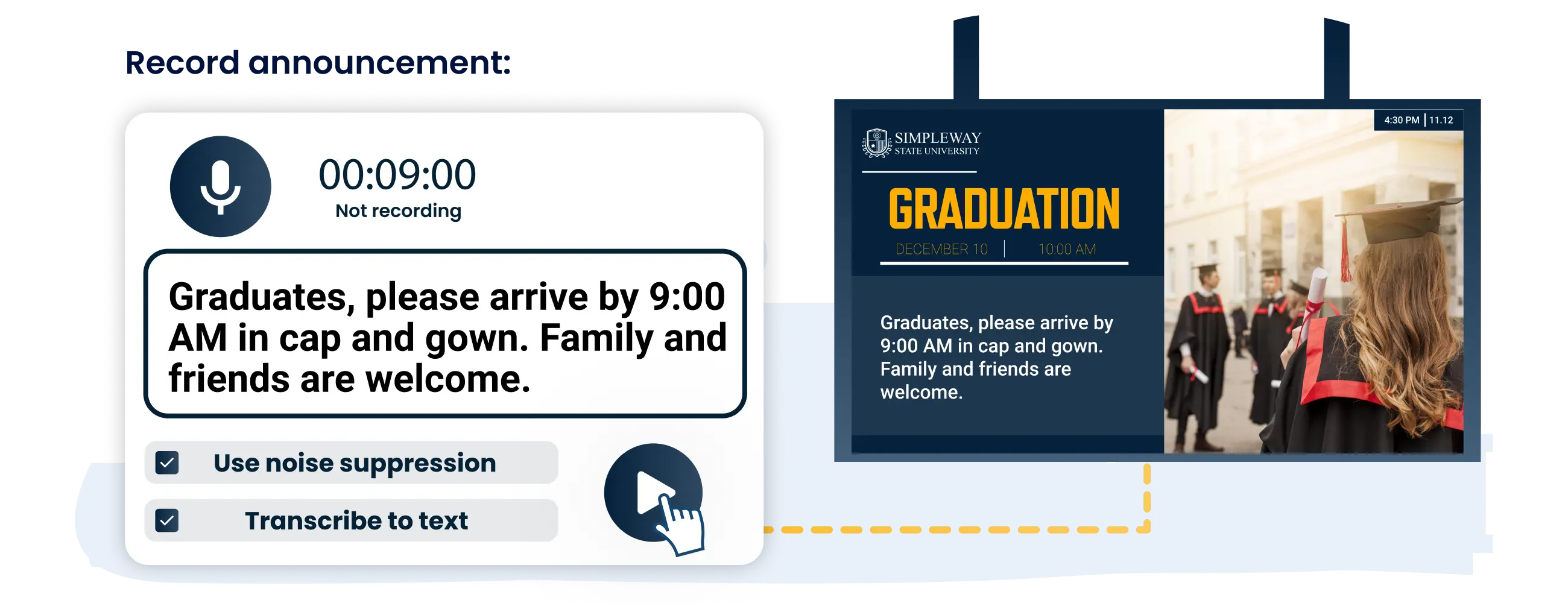 Education CX instant announcement deployment interface allowing school staff to broadcast unscheduled messages campus-wide with immediate text-to-speech output