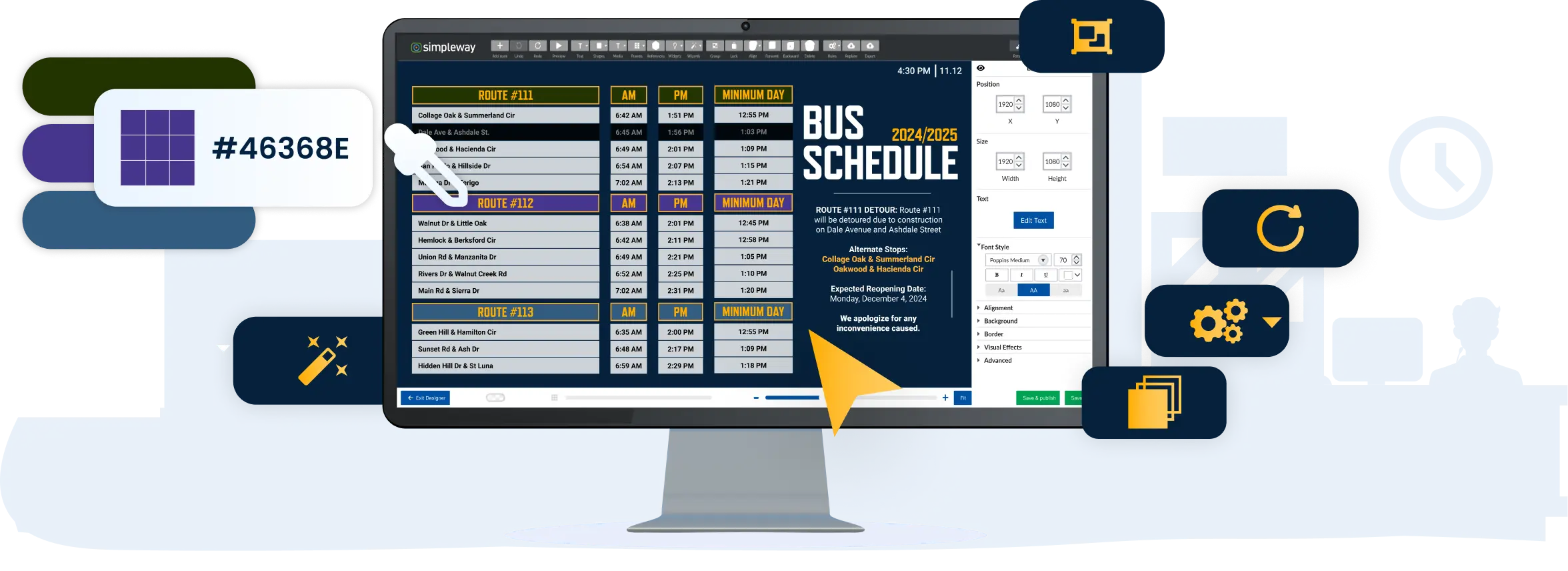Education CX display design interface showing a content creation tool for building campus screen layouts without design skills or IT support