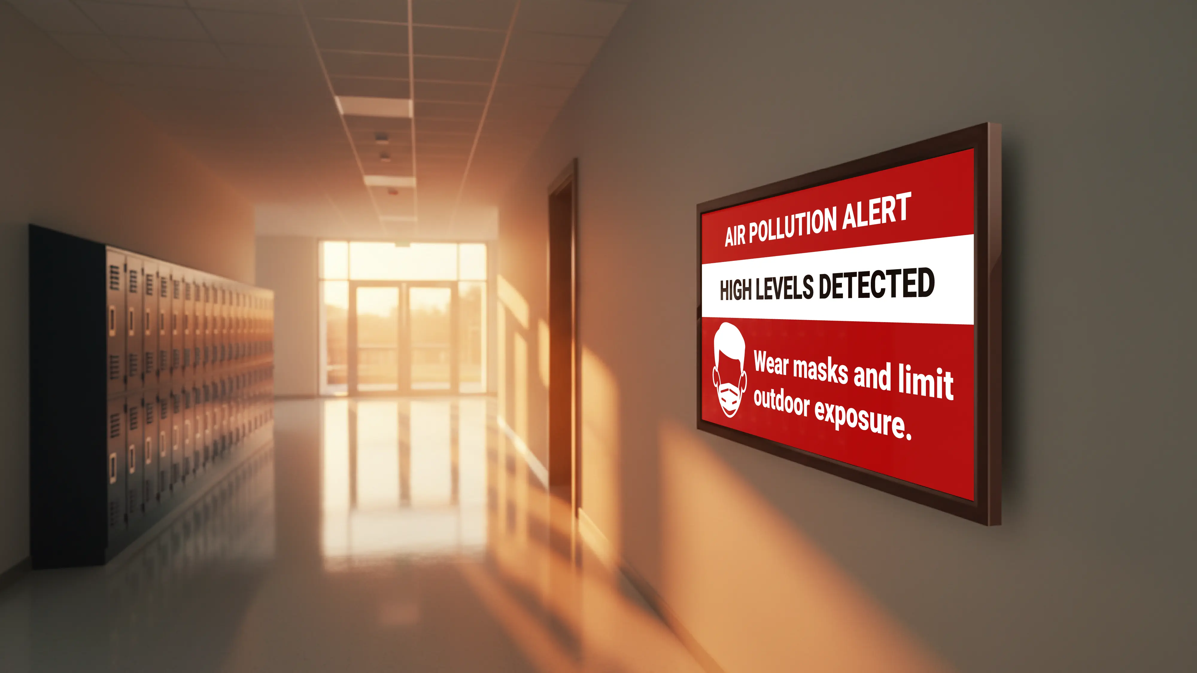 A wall-mounted display in a school corridor showing a red emergency alert screen with the message "Air Pollution Alert – High Levels Detected / Wear masks and limit outdoor exposure," illuminated in a bright hallway.